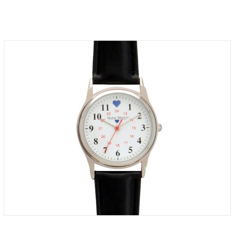 Nurse Mates Chrome bezel women's nurse watch water-resistant leather strap-Black